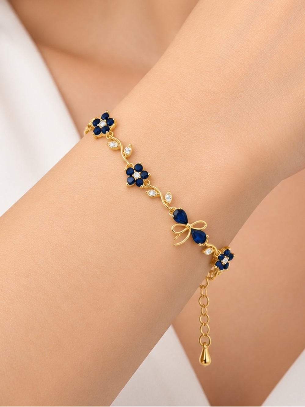 Gold Filled NEW Floral Bow Bracelet, Deep Blue Gems with Box Included